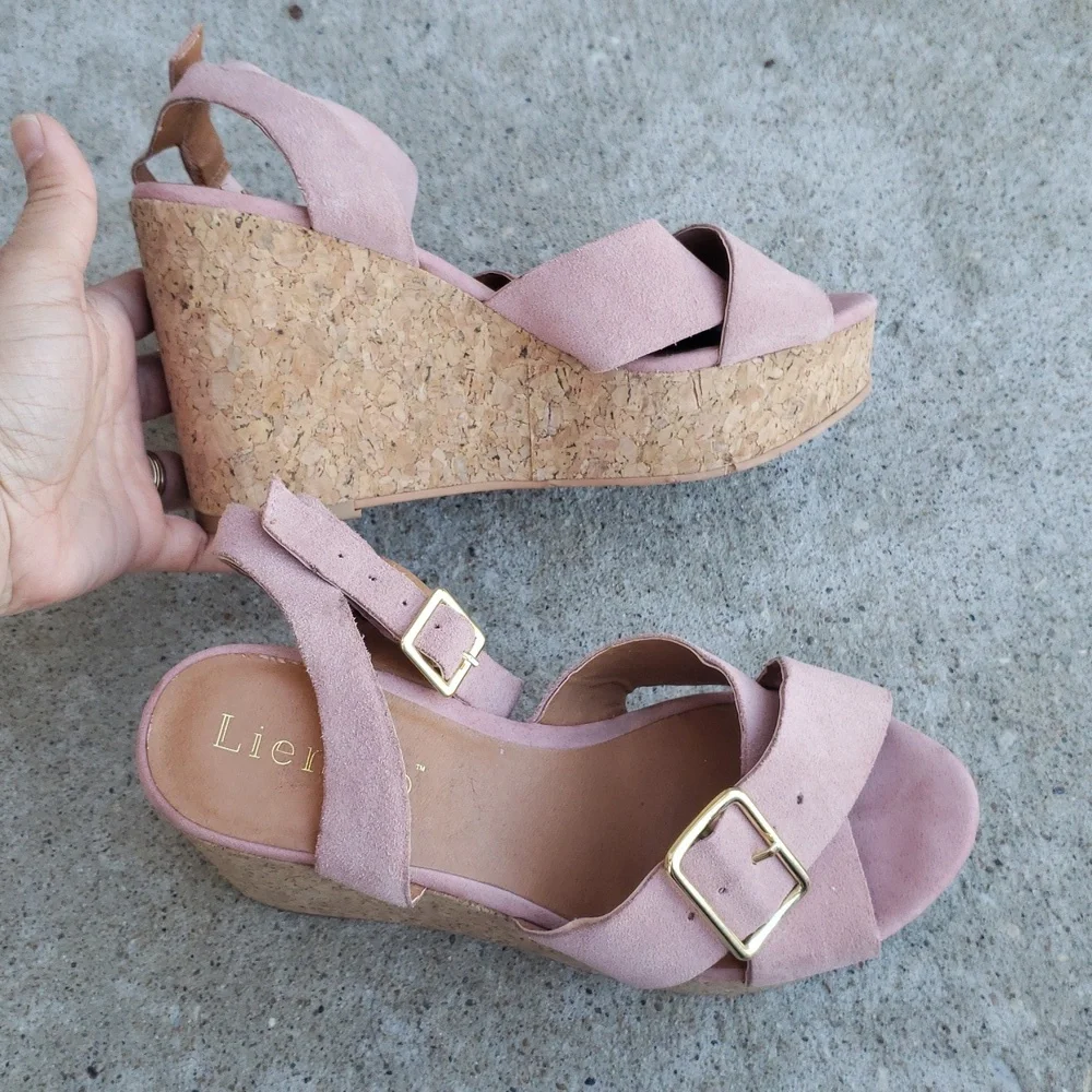 Anthropologie Lien Do Womens Suede Cork Platform Wedge Sandals Size 6 Pink Boho